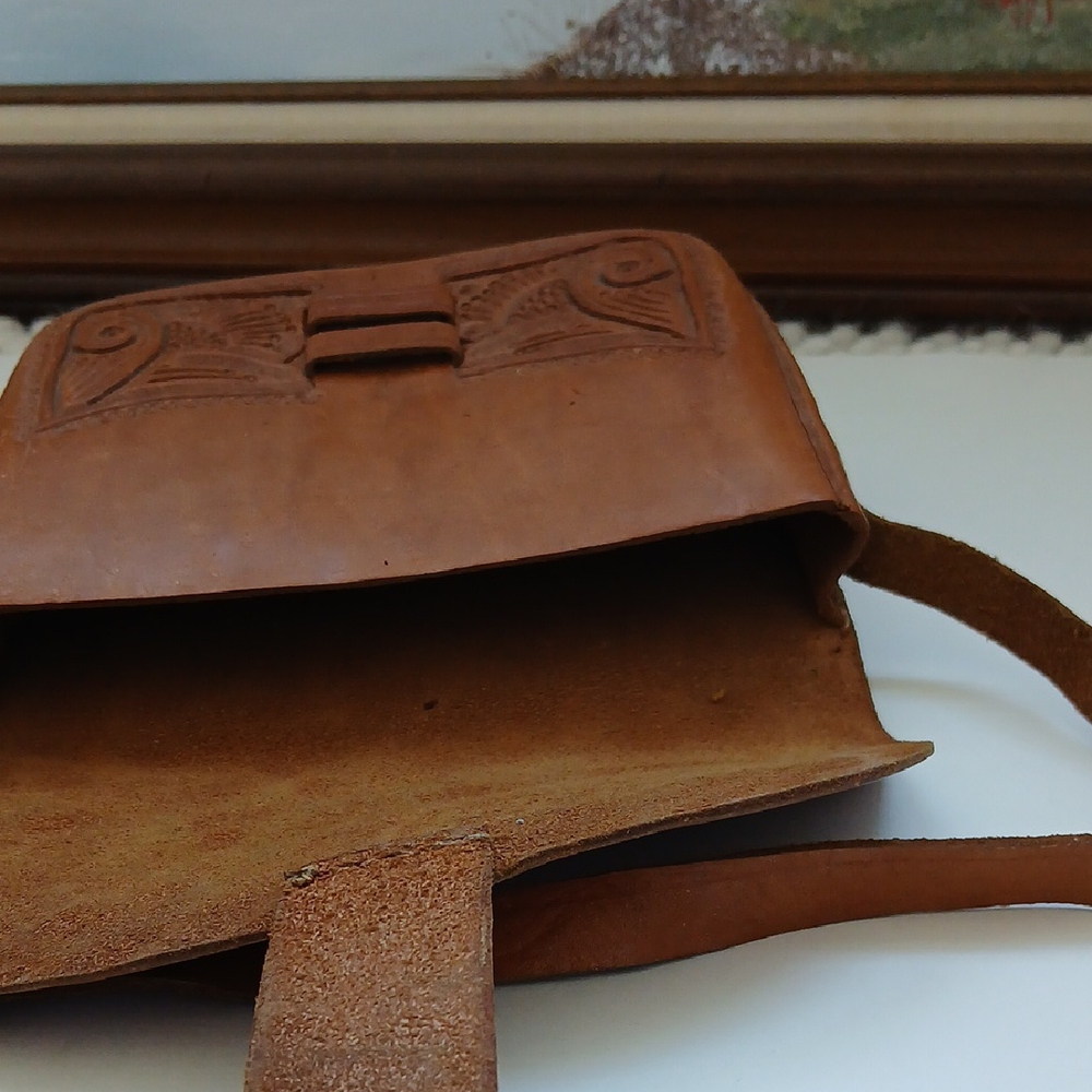 Vintage Tooled Brown Leather Crossbody Shoulder Bag Western Boho - Picture 11 of 16